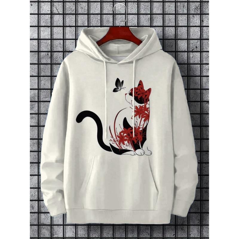 Men's Hoodie Cartoon Cute Cat Print Y2k Sweatshirt Harajuku Hooded  Pullover Casual Oversized Long Sleeve Top Men's Clothing