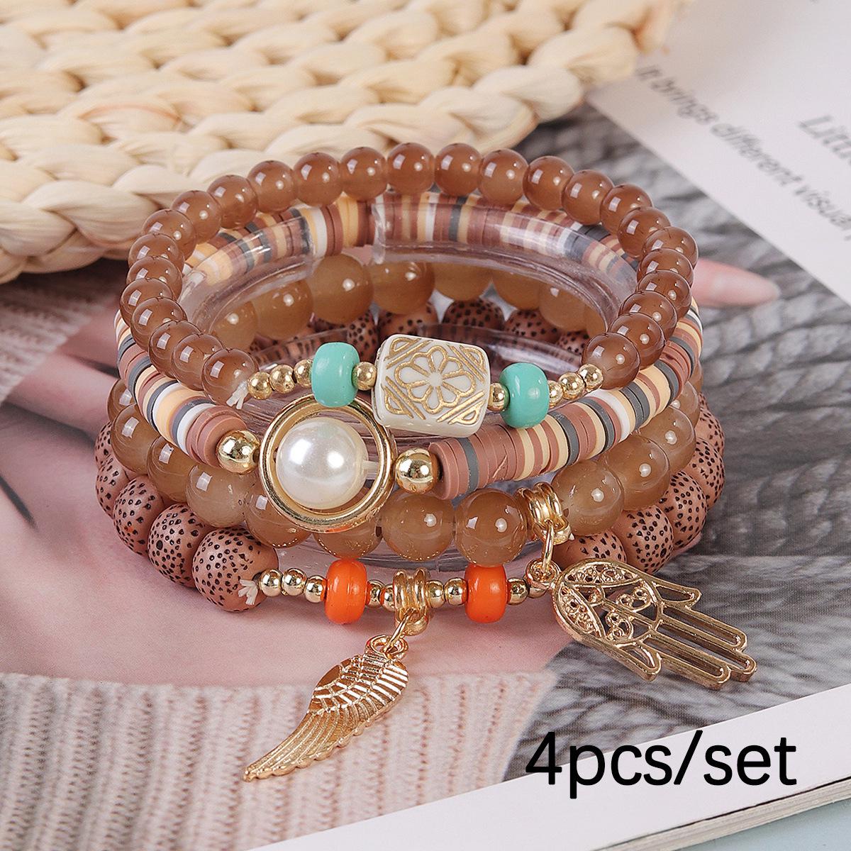 

New Bohemian Beaded Bracelet Set - High-End Stackable Design with Wing & Palm Pendants кавовий