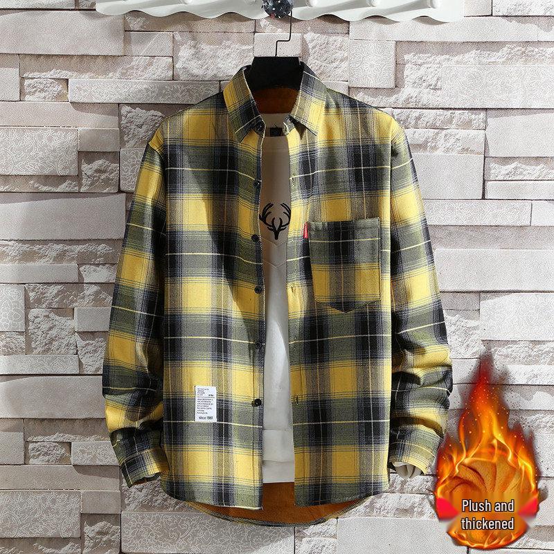 Men's Slim-Fit Fleece-Lined Plaid Button-Down Shirt - Korean Style Warm Casual Top