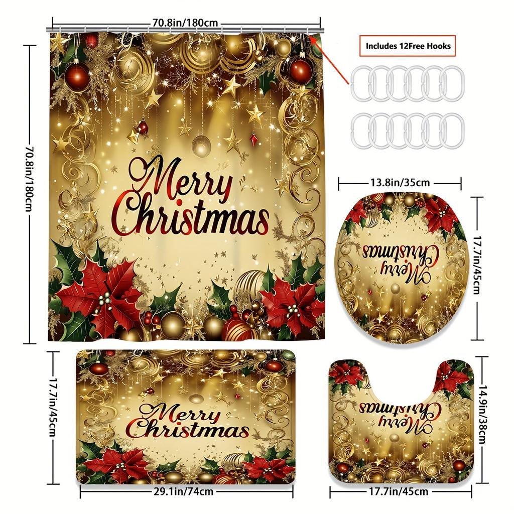 4Pcs Bathroom Shower Curtain Set Winter Christmas Bell Pattern Bathroom Curtain With 12 Hooks Non Slip Rugs Toilet Cover Mat Bathroom Partition