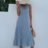 Summer Women Dress Sleeveless V Neck A-Line Knee-Length Solid Color