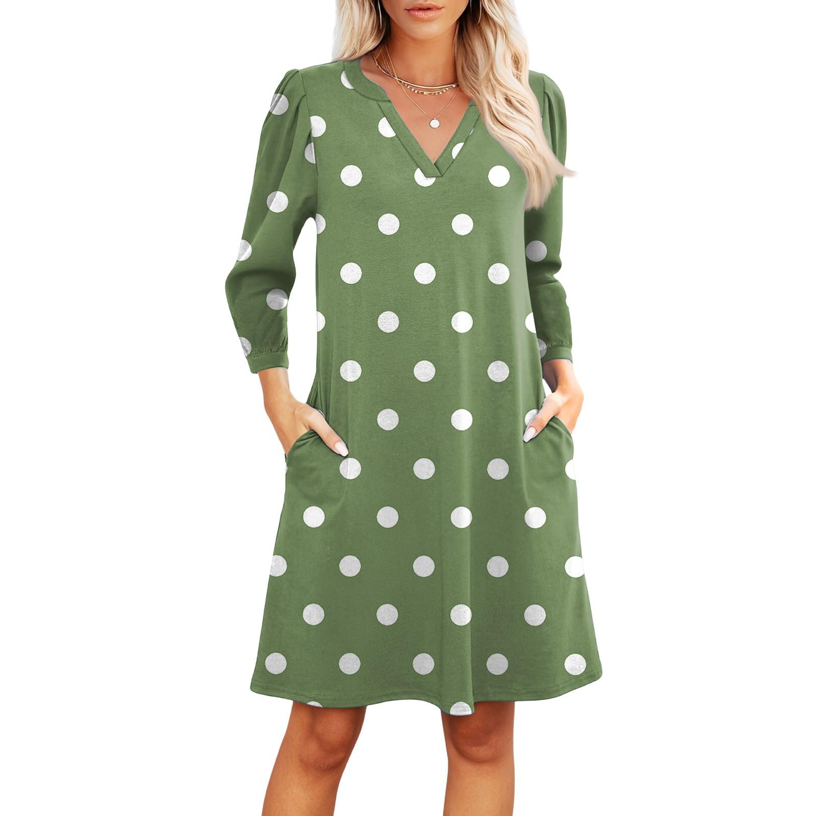 

Women s Fashion V-neck Casual Beach Dress Three-quarter Sleeves Polka Dot Print Dress S
