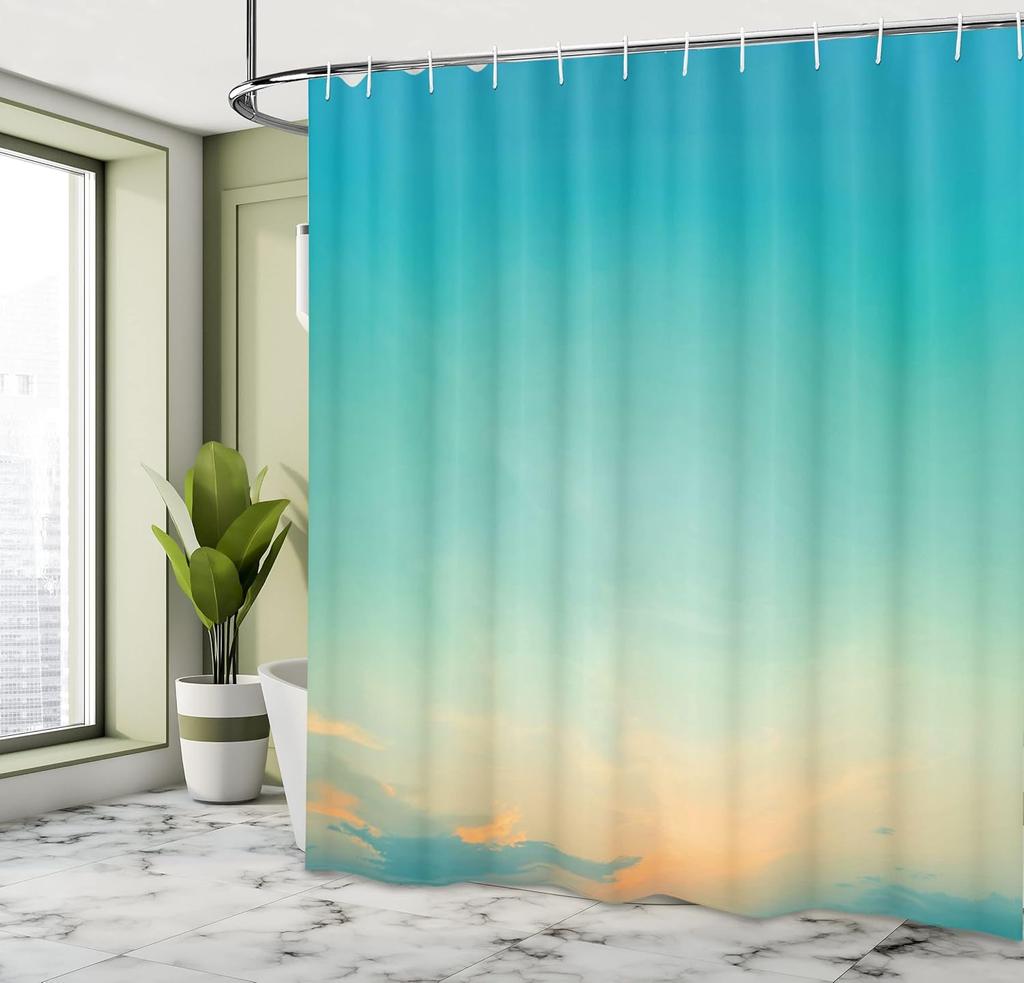 Aqua Shower Curtain, Twilight Sunset Morning Clear Sky Dawn Nature Clouds Horizon Artwork, Cloth Fabric Bathroom Decor