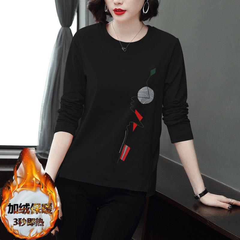 Fleece-Wärme und Vielseitigkeit Übergröße Damen-T-Shirt Damen-Top, Frühling, Herbst und Winter langärmlige Herbstkleidung, lockeres Basic-Shirt