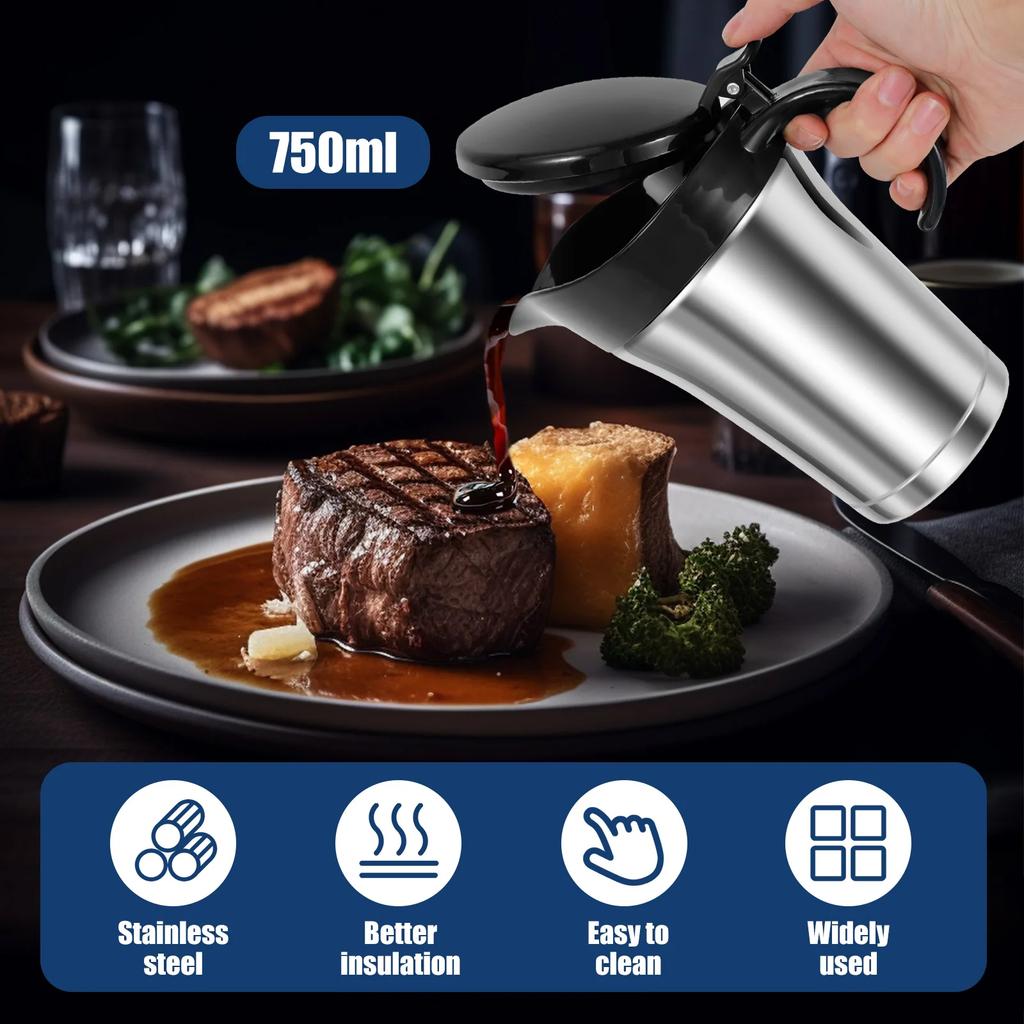 Double Wall Insulated Gravy Boat, 750ml Stainless Steel Sauce Jug with Hinged Lid & Anti-Drip Spout, for Holiday Dinner Serving