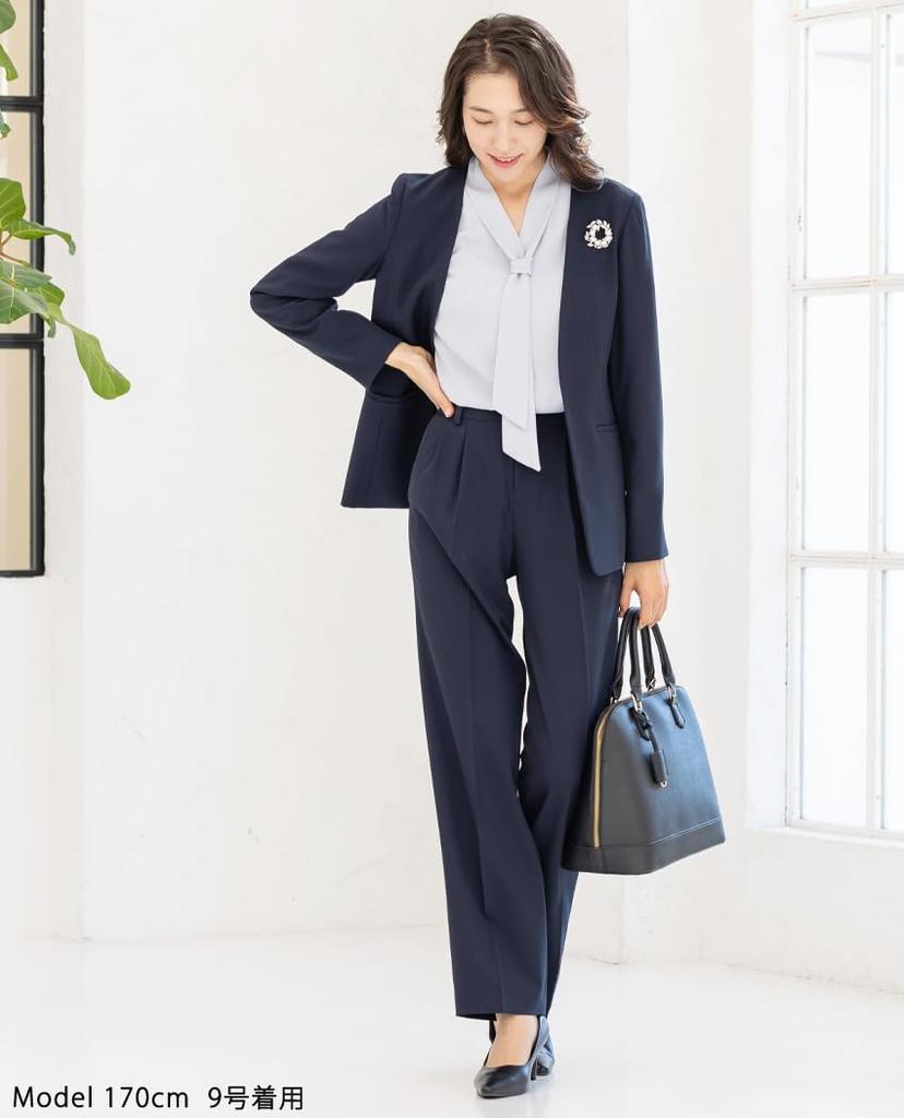 Washable Collarless Jacket and Pants Plus Elastic Waistband Size 19ABR Navy [Addrouge] Women's Wide-Leg 2-Piece Suit, Sizes, Figure-Flattering,