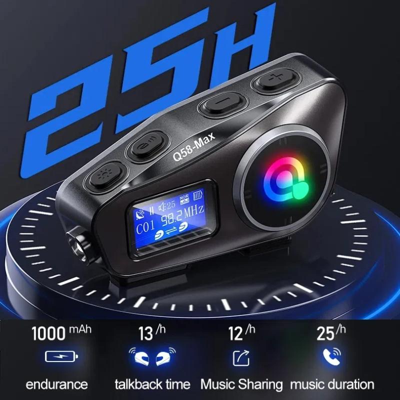 Bluetooth Headset for Motorcycle Helmets, Long Battery Life, Two-Way Intercom, Music Mixing, FM Radio, LCD Display for Cycling