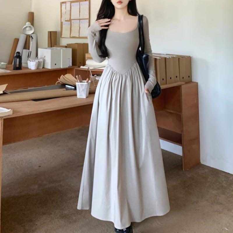 Hepburn-Style Long Sleeve Square Collar Dress - Women's Spring 2024 Collection