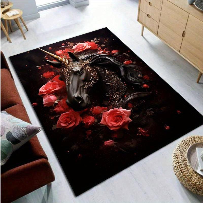 Black Unicorn with RosesRug forFantasyFansGothic Style Horse CarpetMagical LivingRoomDecorAnti slip carpet can be machine washed