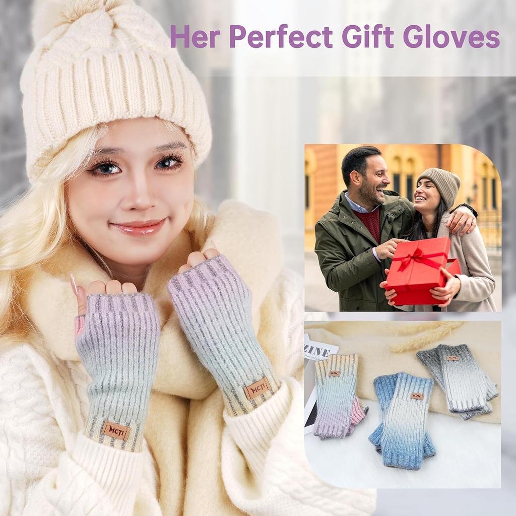 MCTi Winter Gloves Women, Warm Knitted Fingerless Mittens