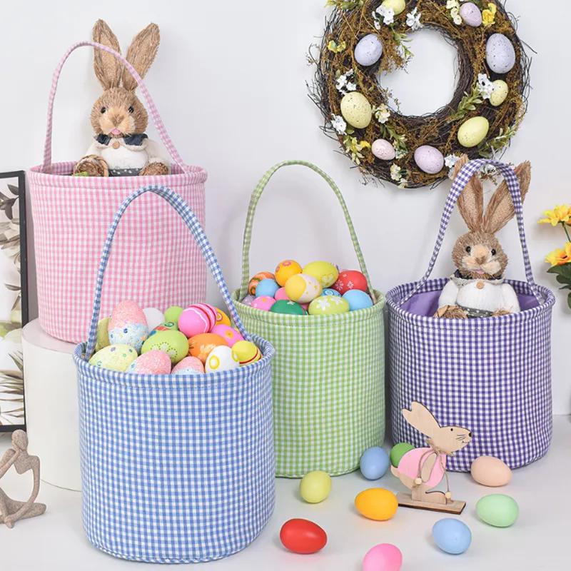 New Checkered Easter Handheld Basket With 4 Colors Egg Decorations Rabbit Storage Basket Handheld Bucket Holiday Gift Storage Supplies Ya465