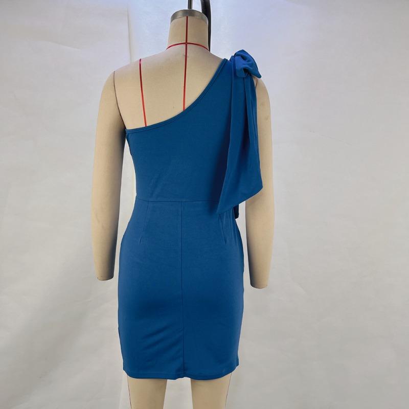 Women's Sexy Strapless Diagonal Shoulder Bowknot Waisted Hip Dresses
