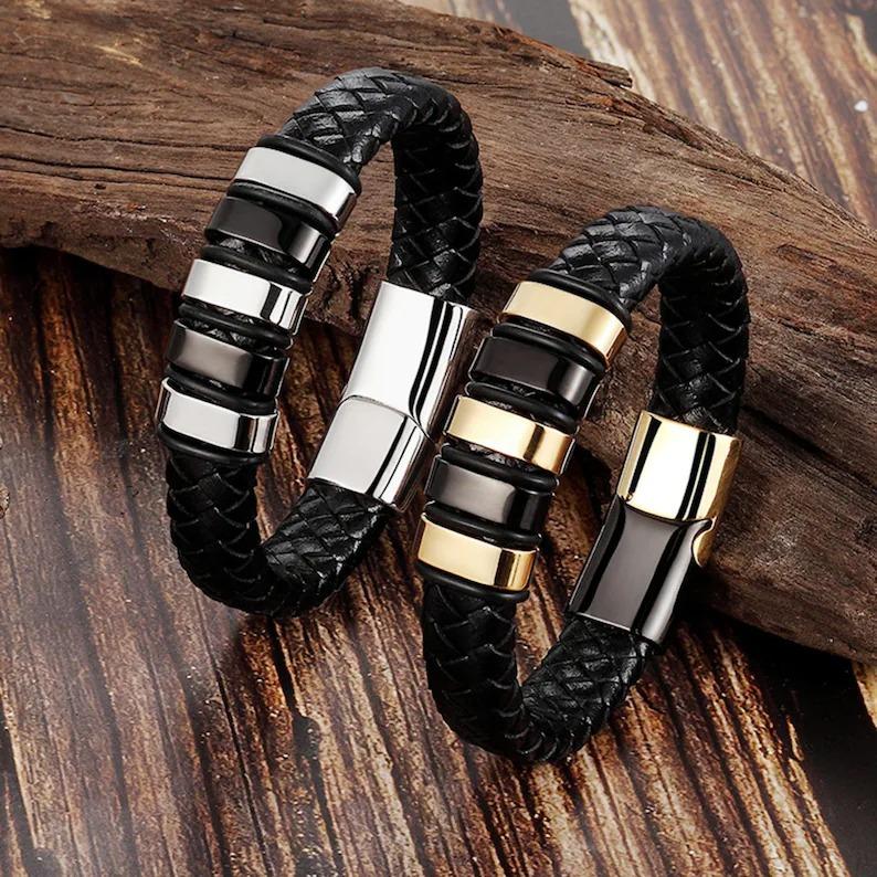 Men’s Tribal Style Stainless-Steel Leather Bracelet – Fashion Magnetic Clasp Titanium Steel Wristband