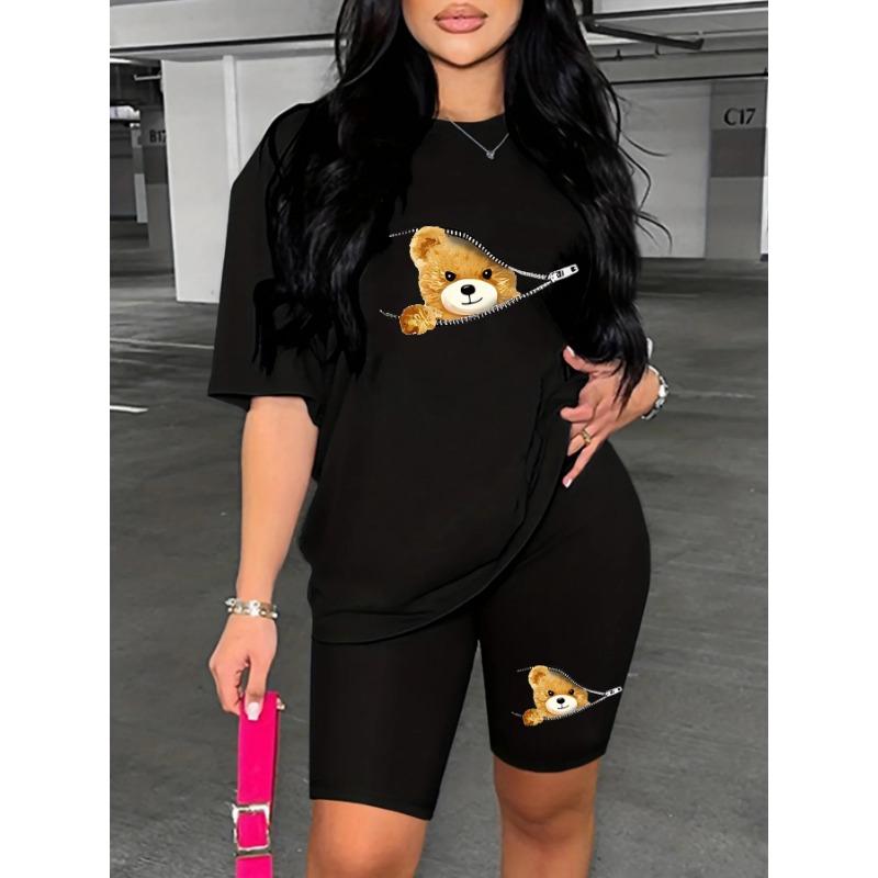 Women's Summer Casual Loose Plus Cartoon Bear Print Round Neck Short Sleeved T-shirt Paired with Cropped Pants Two-piece Set