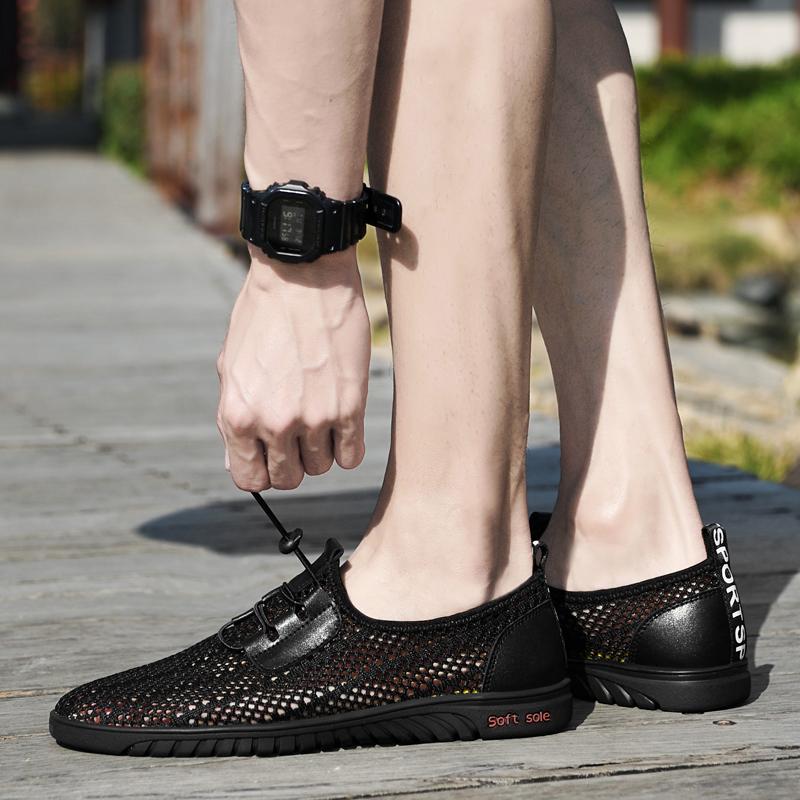 Fashion Men Casual Mesh Shoes Summer Breathable Outdoor Lightweight Hiking Trekking Genuine Leather Sneaker Fashion Soft Sole Low Shoes