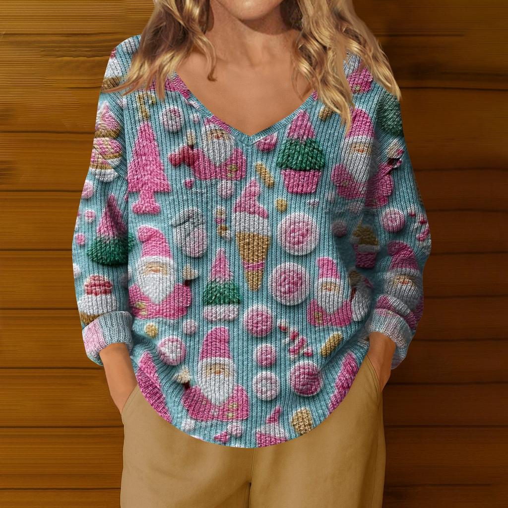 Women's Casual V-Neck Long Sleeve Knitted Christmas Print Pullover