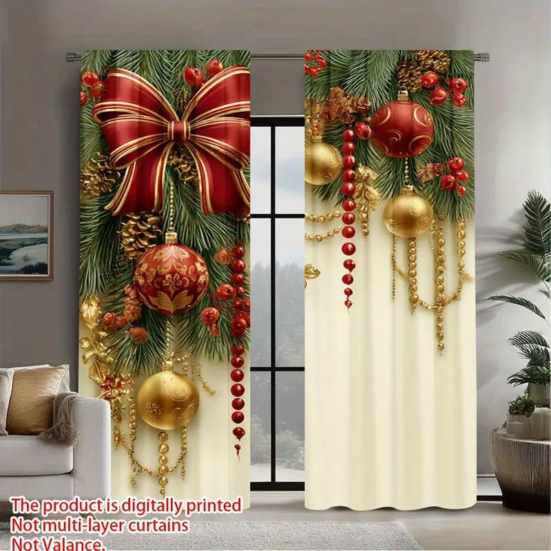 Set Of 2 Christmas Bow Tassel Curtains Design Privacy Protection Suitable Decoration Various Scenes Made Polyester