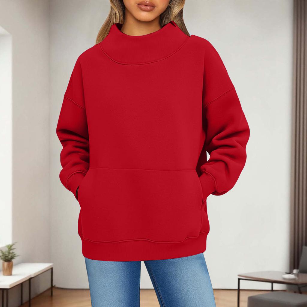 Women's Fashionable Casual Solid Color Round Neck Long Sleeved Pocket Sports Casual Pullover Sweatshirt Top