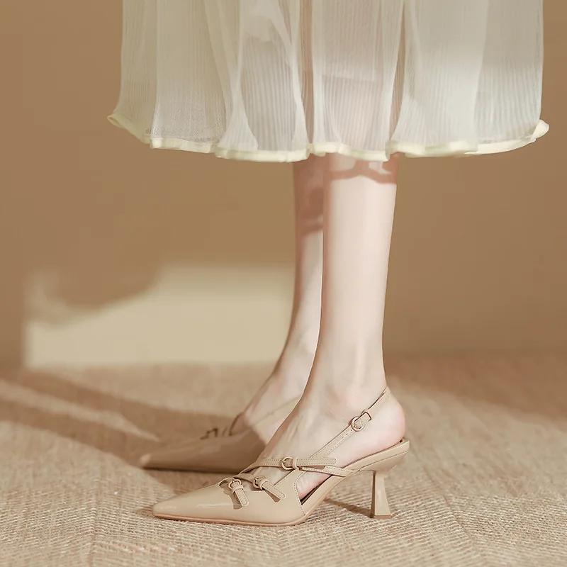 Modedesigner Schmaler Riemen mit Schnalle Spitzpumps Damen Sommer Sexy Dünne Absätze Hochzeit Bankett Kleid Mules Damenschuhe