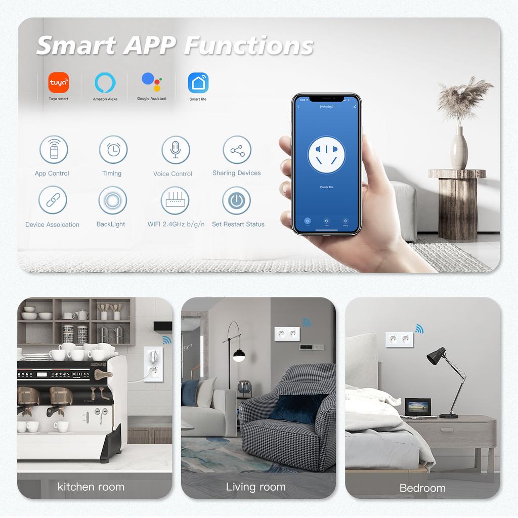 BSEED Single Wifi French Socket Double Power Monitor Wall Sockets Triple Smart Outlets Glass Frame Tuya Smart Life Control