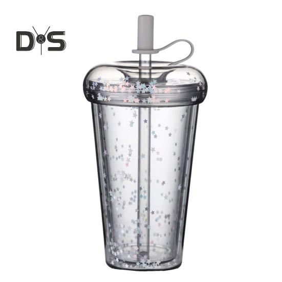 Leak-proof Iced Coffee Cup Reusable Straight Pipette Cup with Built-in Straws Double Wall Insulated Iced Coffee Tumbler Cartoon Drinking Cup