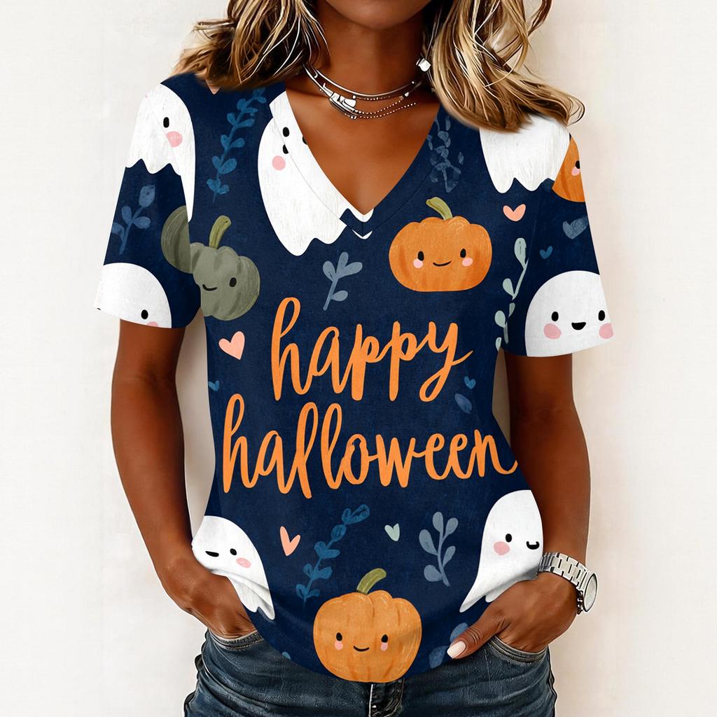 Women's Casual V Neck Pullover Top Halloween Pumpkin Print Short Sleeve Shirt Lightweight Comfortable Fit