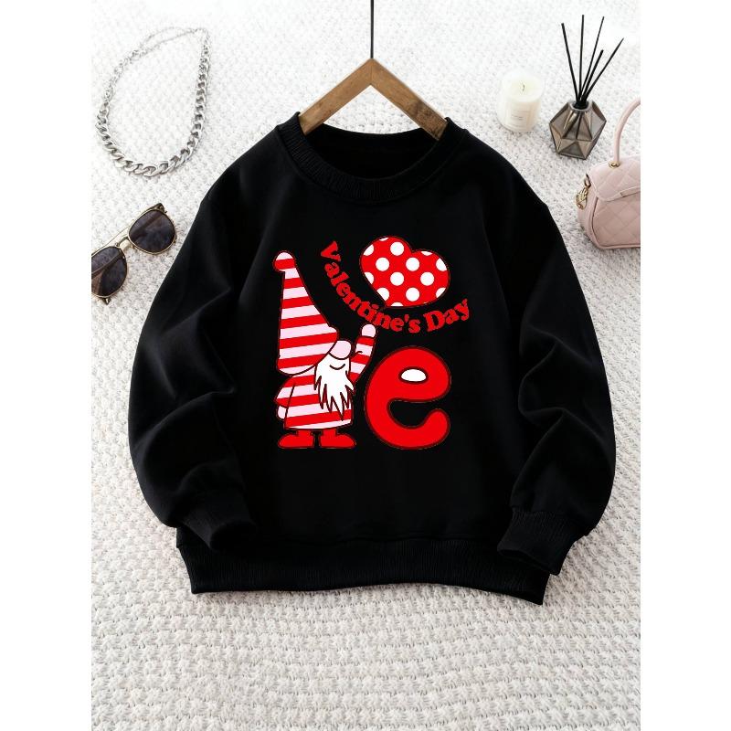 Kids Crewneck Sweatshirt, Valentine Dwarf & Heart Print Soft Casual Sports Long Sleeve Top 110 чёрный