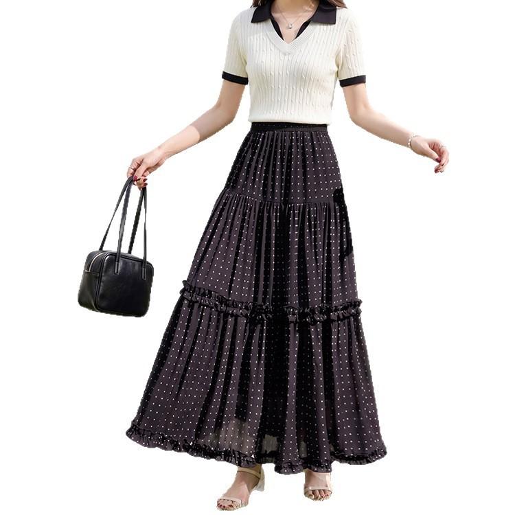 Qooth Polka Dot Print Ruffle Hem Full Flare A-Line Midi Skirt Fashion Versatile Half Skirt for Women QT2915