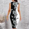 Women Plus Size Crew Neck Sleeveless Midi Dress Cream Base Black Sketch Floral Print Bodycon Dress