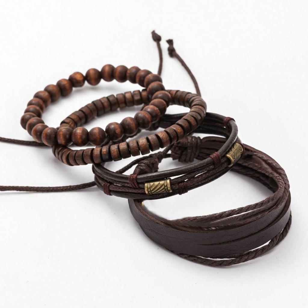 4Pcs/set Retro Literary Style Bronze Bundle Leather Wood Bead Set Bracelet