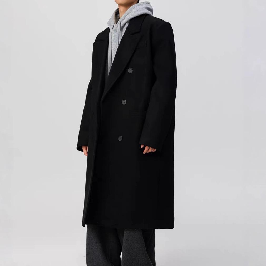 Trendy Men's Three-Button Mid-Length Wool Trench Coat with Padded Shoulders