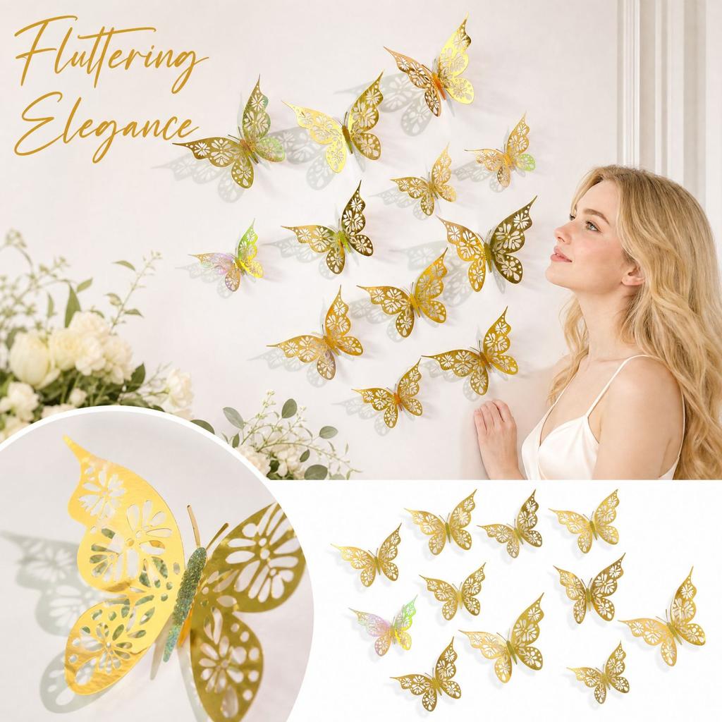 Butterfly Wall Stickers 12 Pack, 3D Hollow Design, Party Decoration for Home Bedroom, 2 Styles