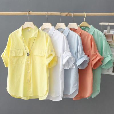 Sommer Einfarbig Kurzarm Locker Hemd und Bluse Kleidung Oberteil Lässig Einreihig Frühling Einfache Oberbekleidung