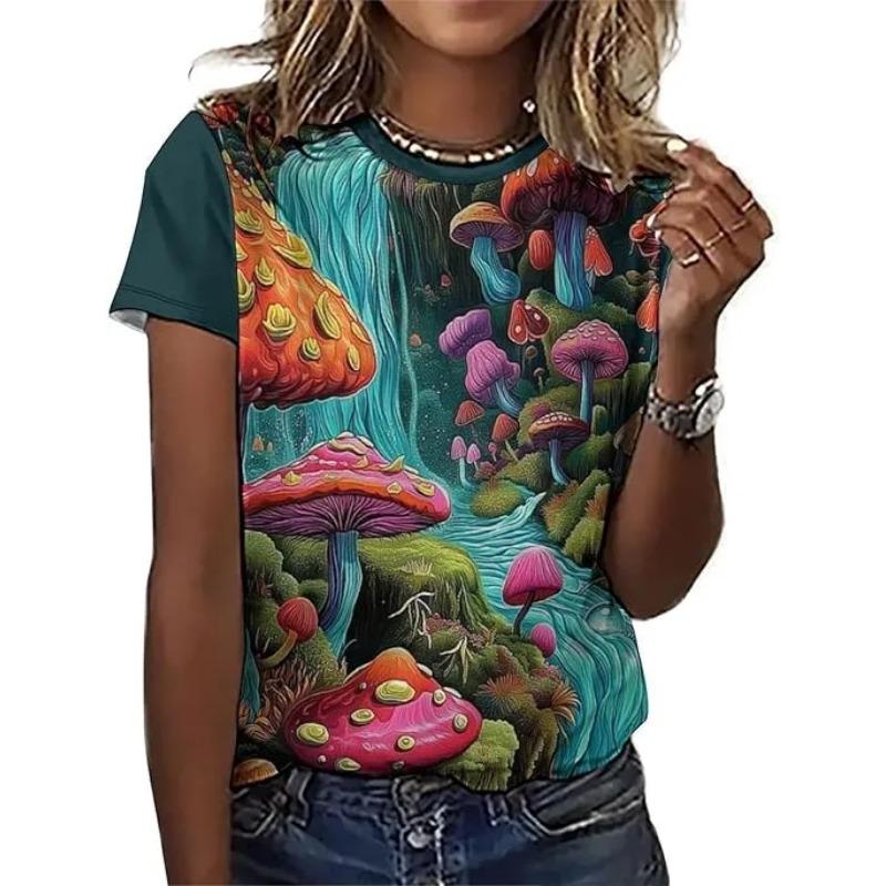 Popular Fashion Forest Series Items! Black Night Red Mushroom 3D Printed Loose Short Sleeve Women's Spring/Summer