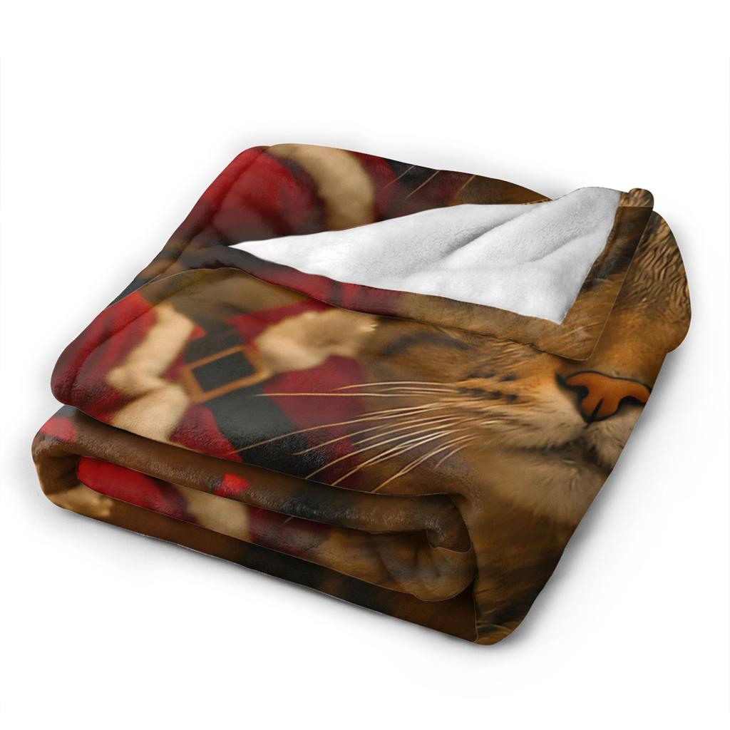 Cat Selfie with Santa Flannel Blanket Winter  Soft Bedding Throws for Child Couch Chair Funny Bedspread Sofa Bed Cover