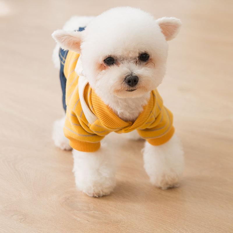 Small Dog Jumpsuit Yellow Striped Jeans Set For Teddy Maldives Bichon Frise Cat Cute Backpack Design Pet Clothing Pet Supplies
