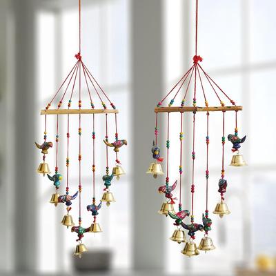 2er-Set handgefertigte Papageienvögel, dekorative Wand-/Tür-/Fensterbehänge mit Glöckchen, Schaustücke für die Heimdekoration – Geschenk für Diwali, Navratri, Dussehra
