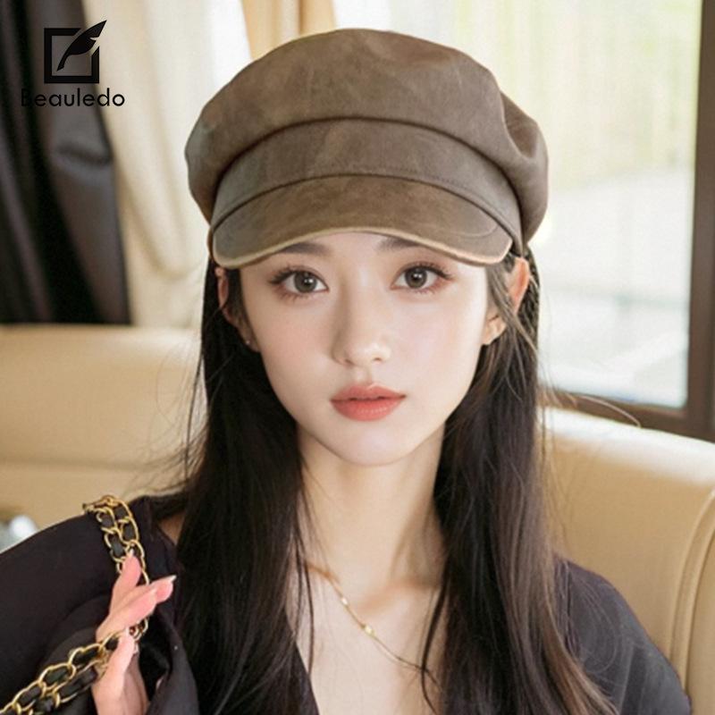 Autumn and Winter Pu Leather Retro Octagonal Hat for Women with Old Temperament and Versatile Face Showing Small Beret Korean Style Ripples Hat