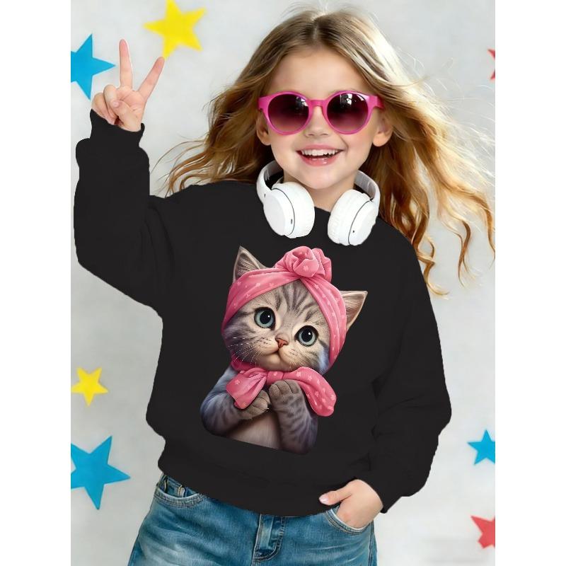Kids Sweatshirt,Round Neck Sweatshirt for Spring/Autumn,Pink Floral Headscarf Cat Scarf,Fashionable and Versatile Children's Printed Casual Sweatshirt