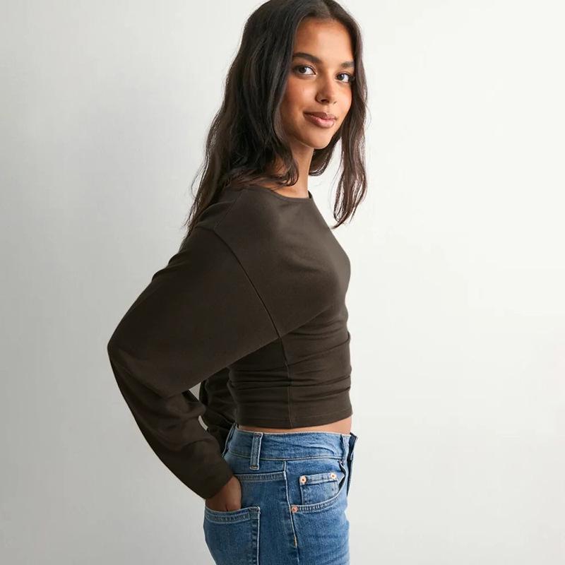 Y25TP365 Women's One-Shoulder Batwing Sleeve Waist-Cinched Solid Color Autumn Pullover Top