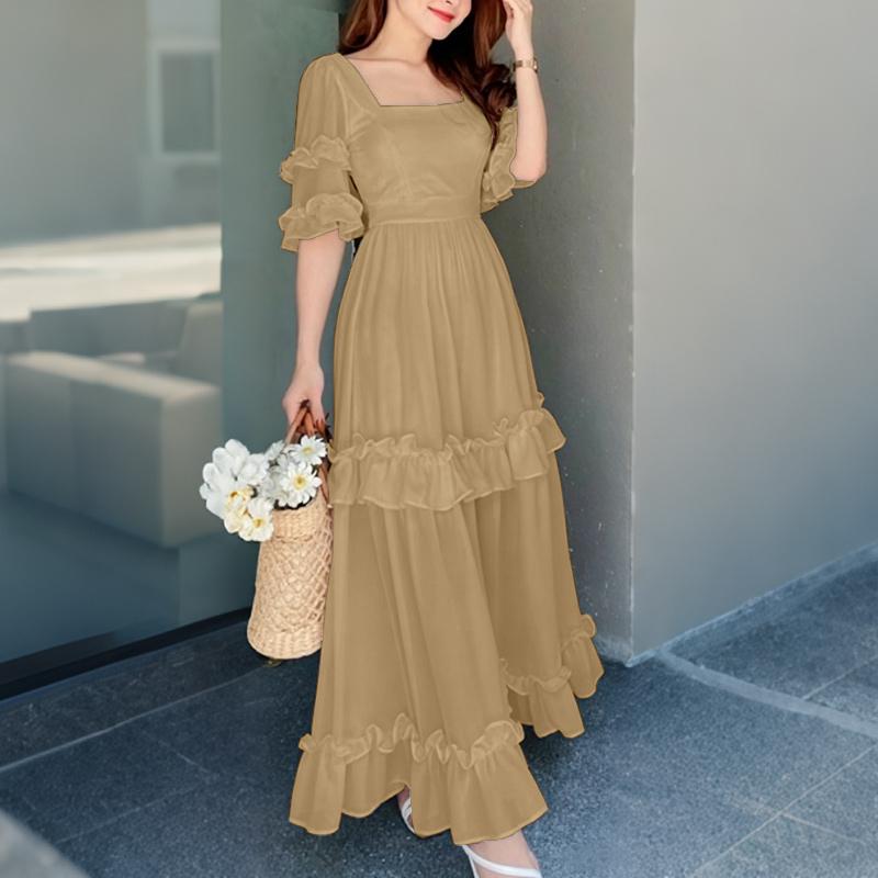 

ZANZEA Women Elegant Casual Square Collar Summer Short Sleeve Long Dress 2XL хакі