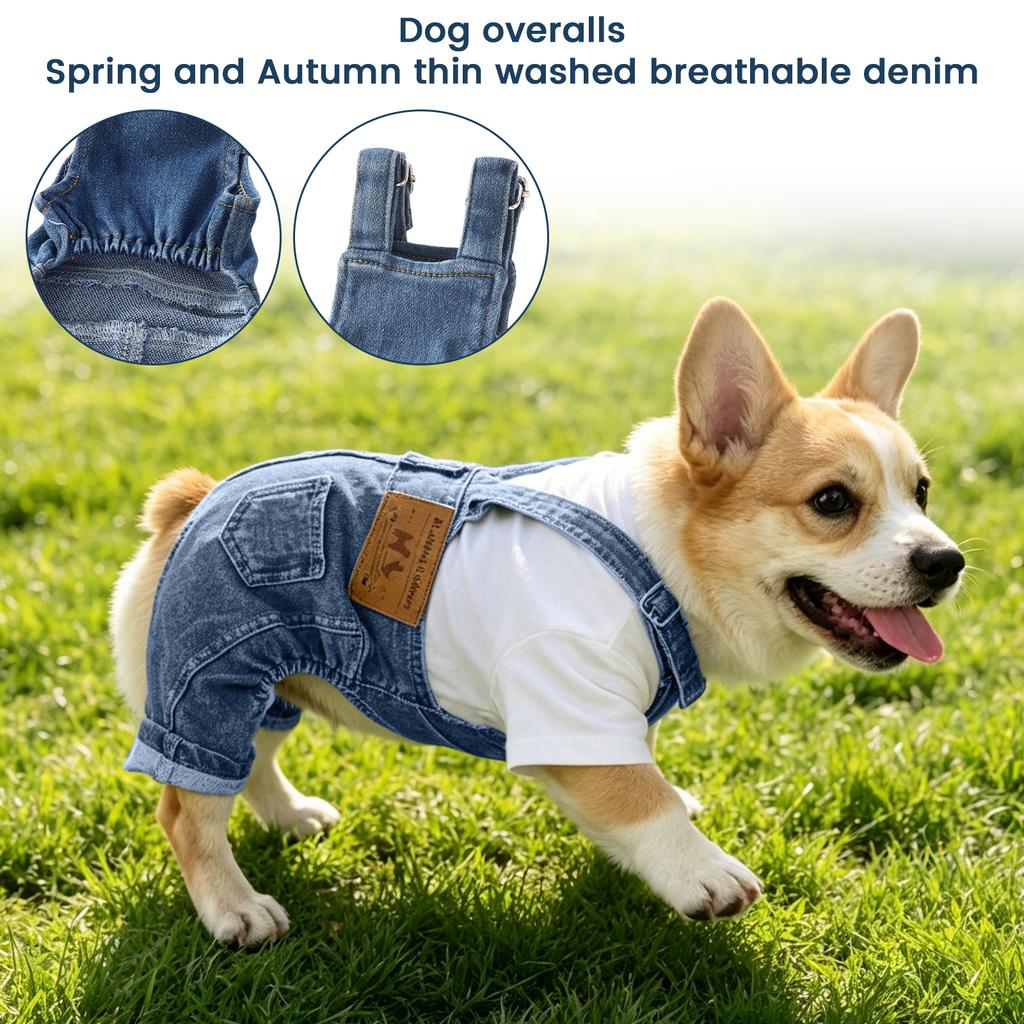 Salopette di Denim Leggere e Traspiranti per Cani con Spallacci Regolabili, Tessuto Morbido Lavato, Stile Casual, Abbigliamento per Animali Domestici Adatto per Primavera e Autunno