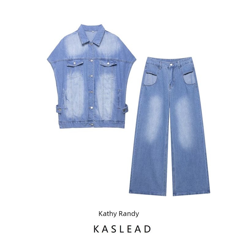 Kaslead New Women clothes Western Style Hollow out Lapel Denim Short sleeve Vest Casual Trousers Set