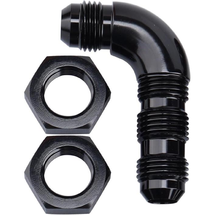 90 Degree -6 AN One Piece Full Flow Male Flare Bulkhead Fuel Fitting with AN6 Bulkhead Nut Aluminum Black