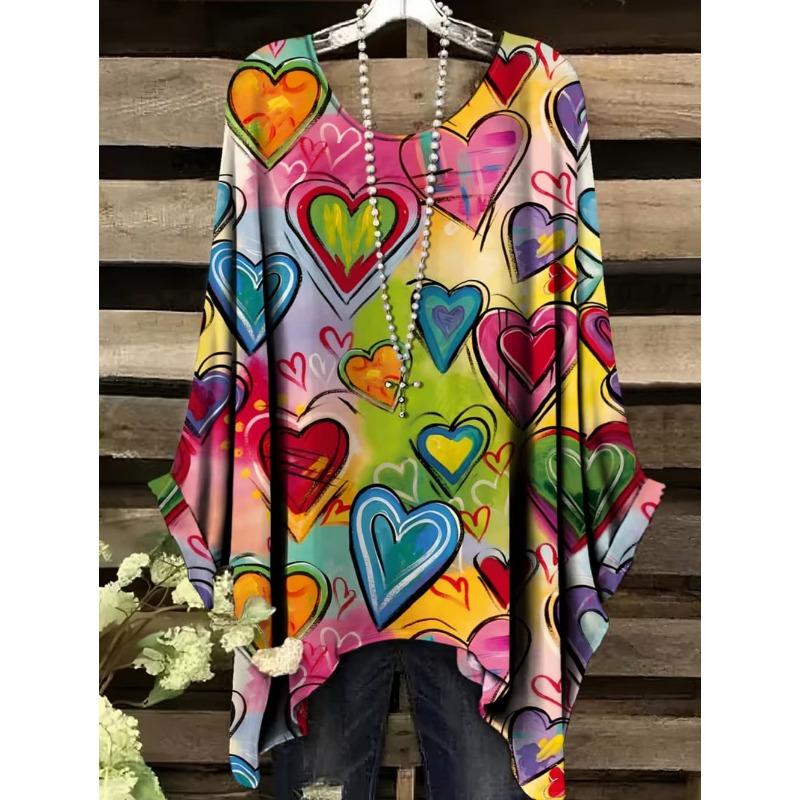 Damen T-Shirts Regenbogen gestreift Herzmuster Rundhals-Tees Vintage Asymmetrischer Saum Rundhals-Oberteile Vielseitige Lockere Damenbekleidung