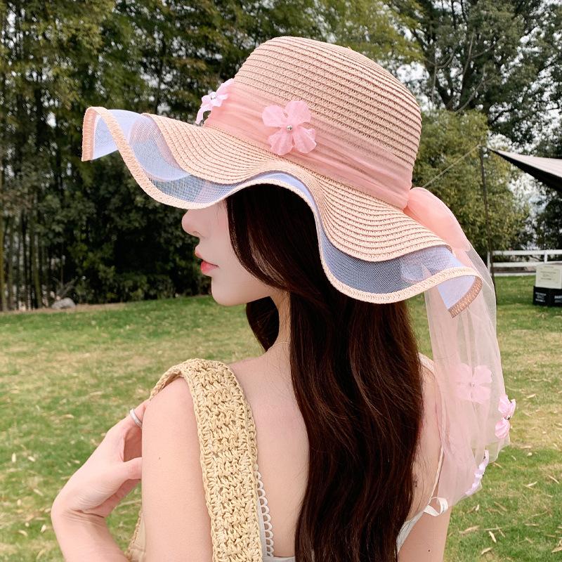 Summer sweet wave flower straw hat outdoor fashion sunshade sun hat children wide face small sun hat