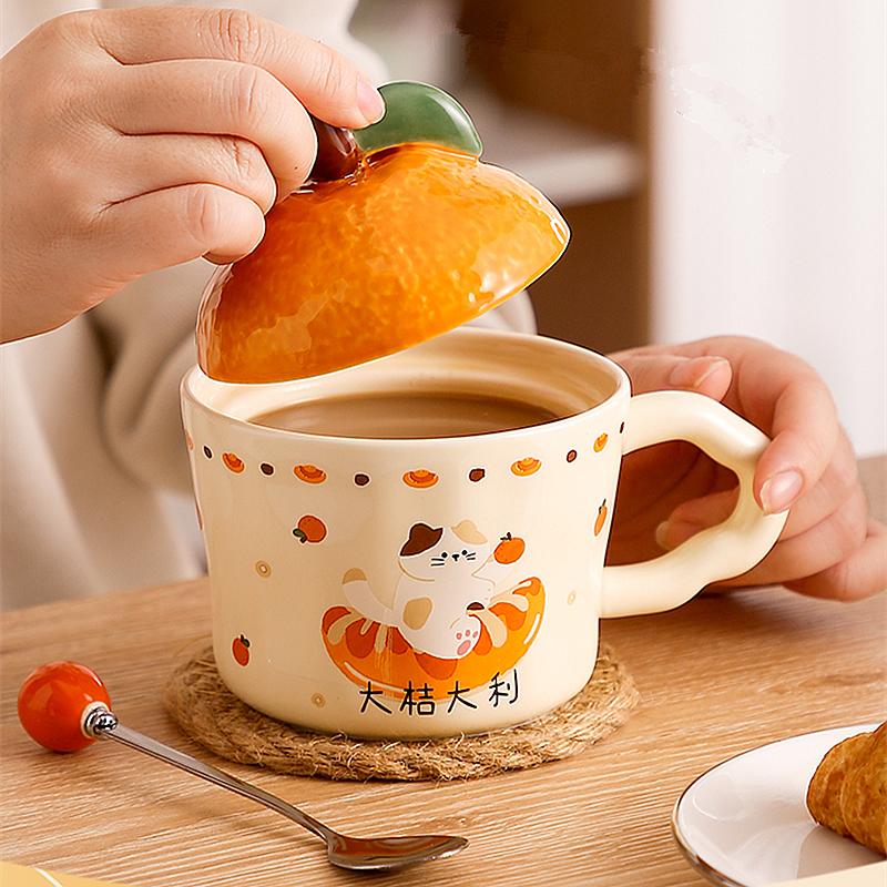New Year's Orange Water Cup Female Birthday Gift Handheld Ceramic Cup Cute Office Mug with Lid