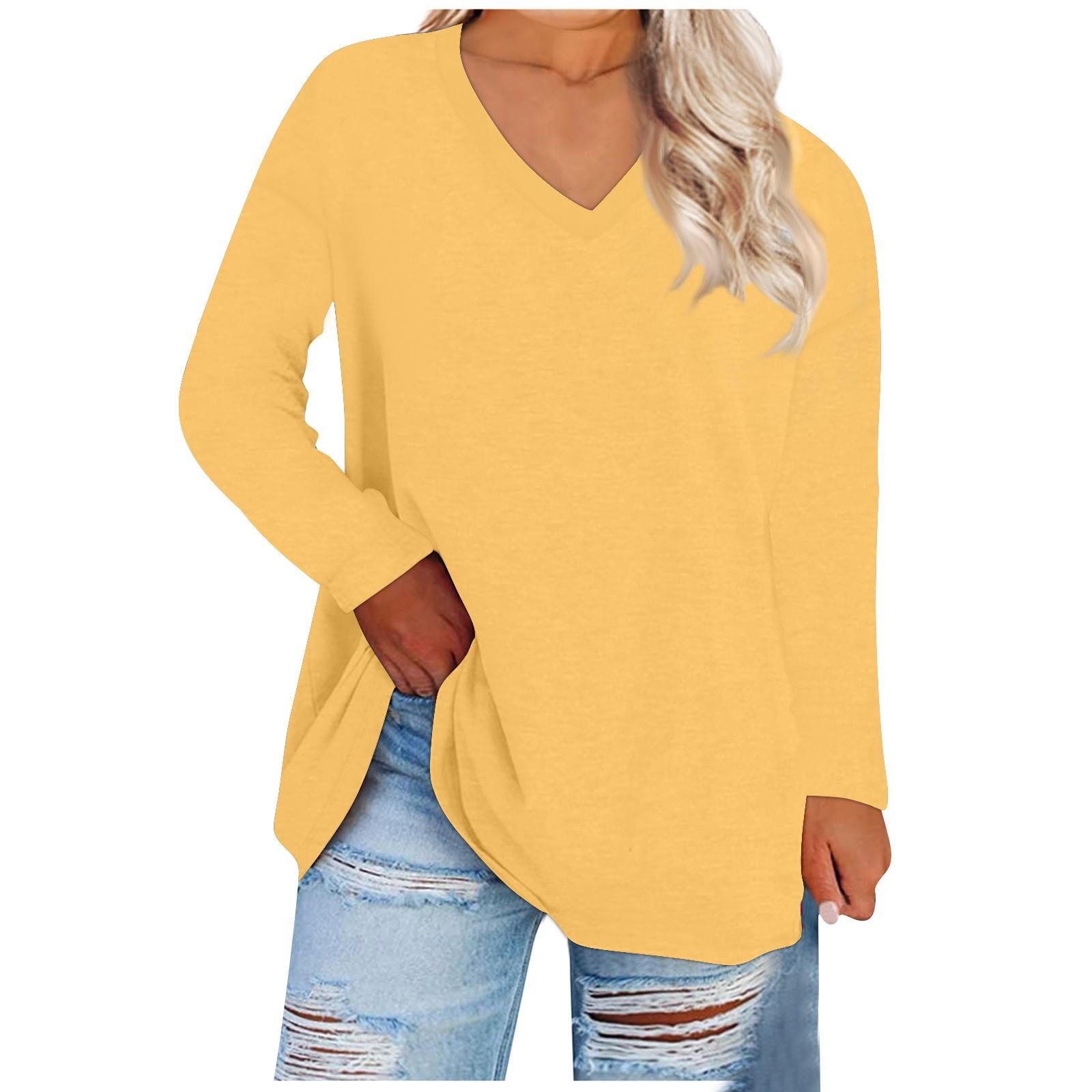 

Женская свободная и удобная однотонная футболка с длинным рукавом с большим верхом и круглым вырезом, повседневная XL жёлтый