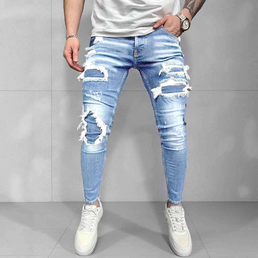 Foreign Heavy Industry Ripped Jeans Men'S Blue Slim-Fitting Elastic Pants Tide