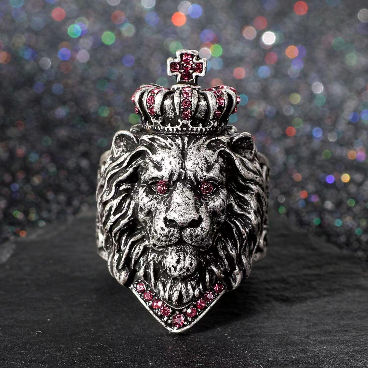 

Мужское кольцо в европейском и американском стиле с головой льва в стиле ретро — дизайн Open Cross Crown Simba Adjustable